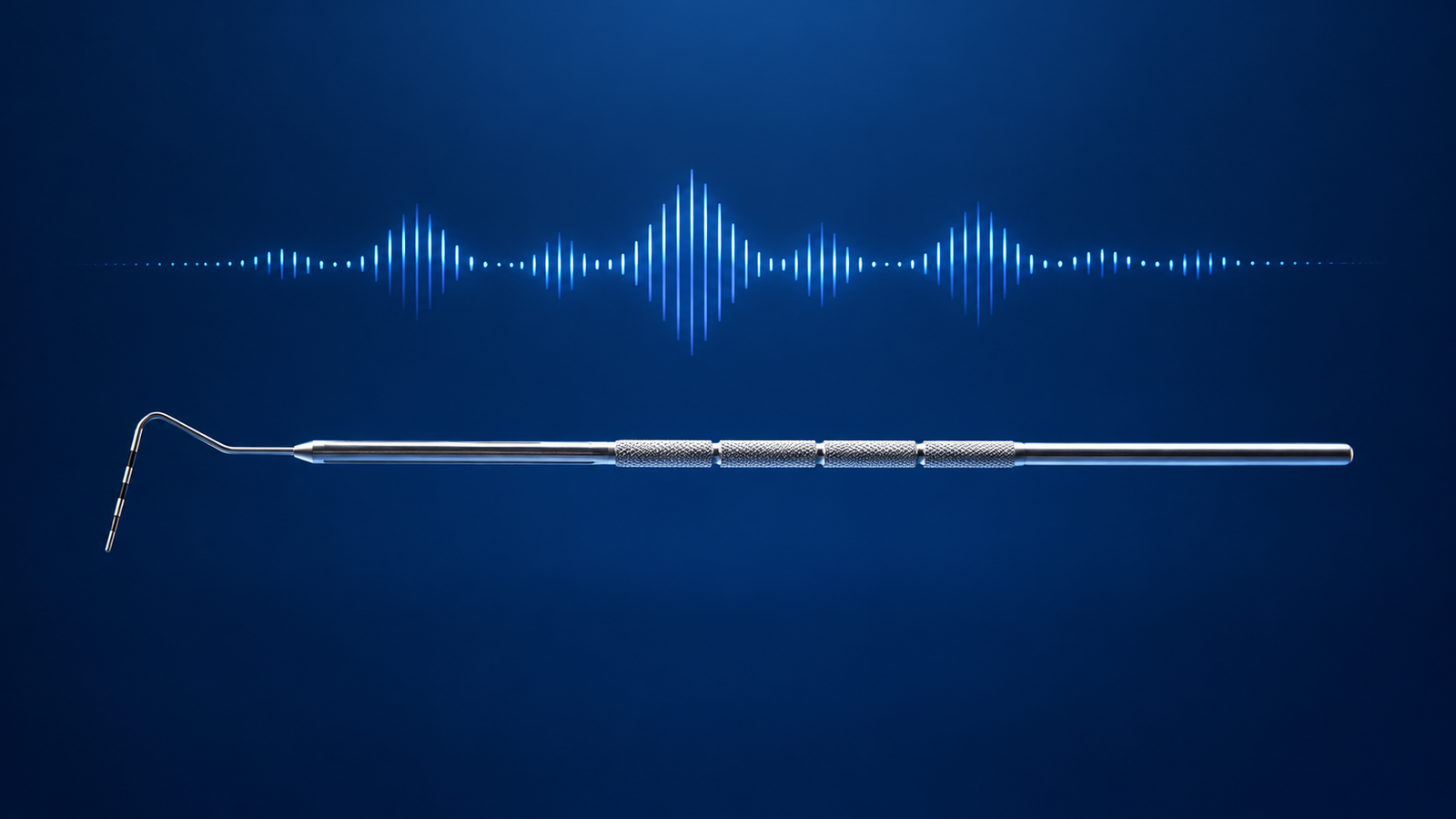 Metallic periodontal probe positioned horizontally against a dark blue background, with a digital audio waveform illuminated in light blue above it.